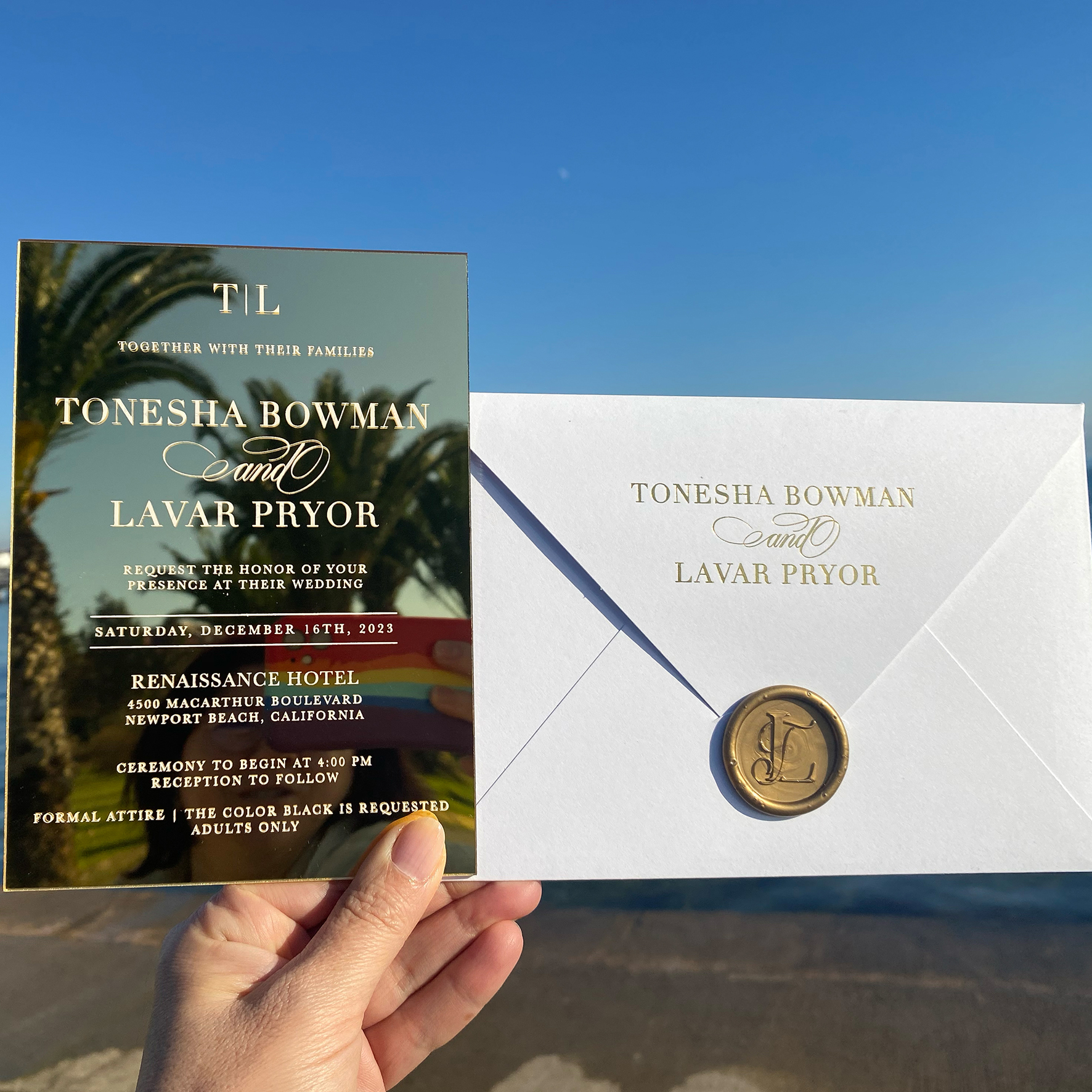 Gold Mirrored Invitation. Wedding Invitation. White Envelope. Wax Seal